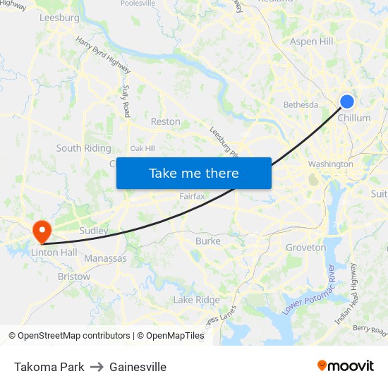 Takoma Park to Gainesville map