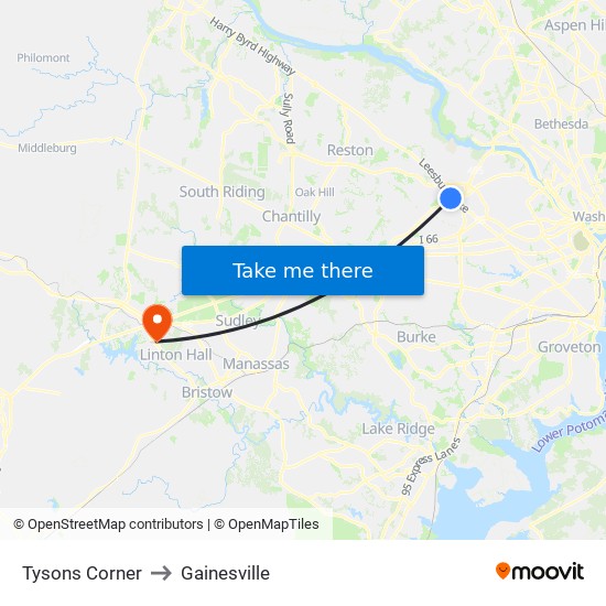 Tysons Corner to Gainesville map