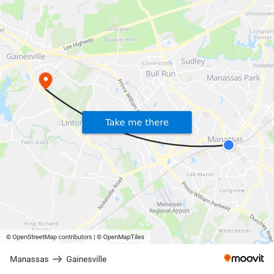 Manassas to Gainesville map