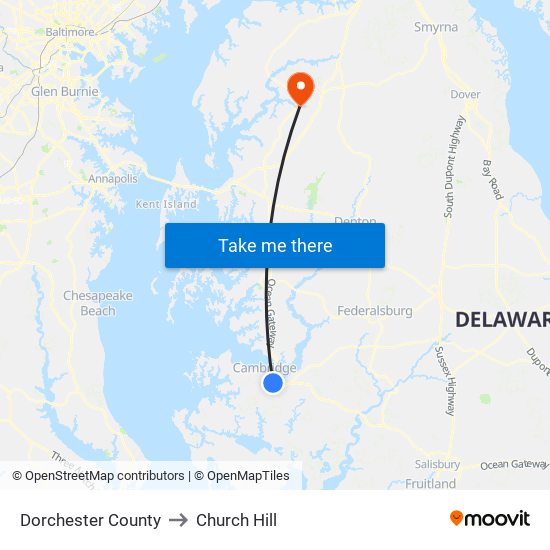 Dorchester County to Church Hill map