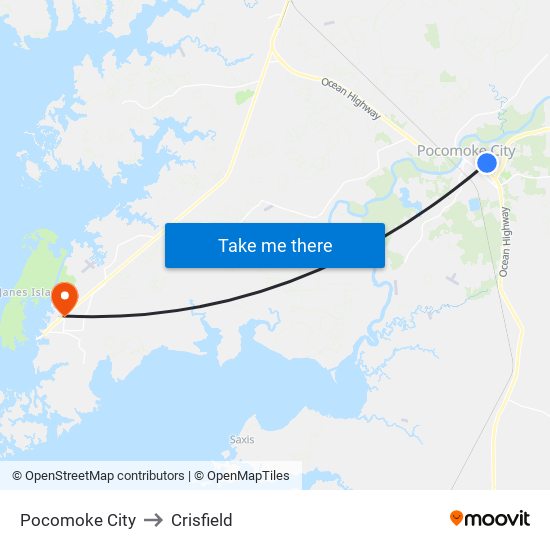 Pocomoke City to Crisfield map