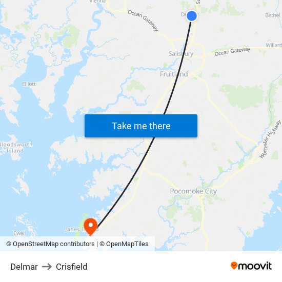 Delmar to Crisfield map
