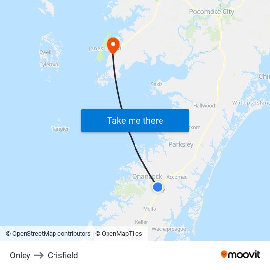 Onley to Crisfield map