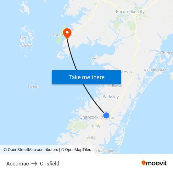 Accomac to Crisfield map