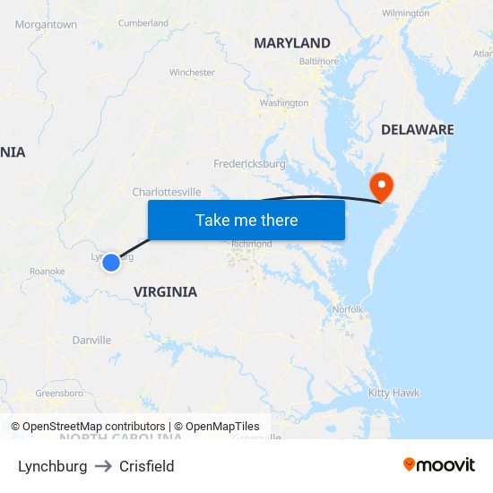 Lynchburg to Crisfield map