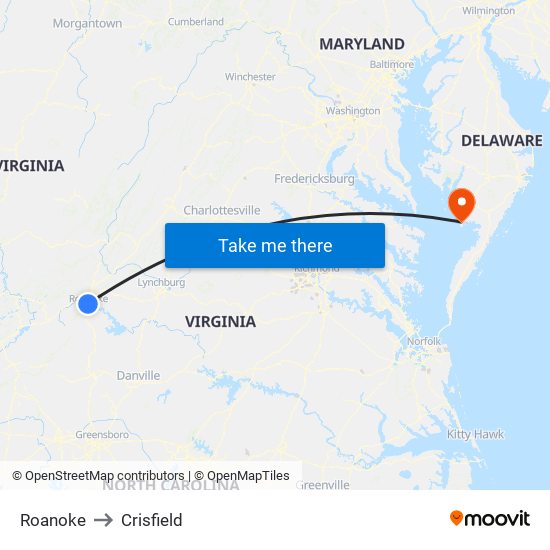 Roanoke to Crisfield map