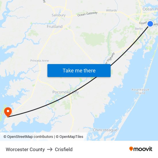 Worcester County to Crisfield map