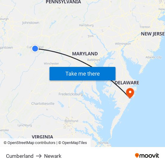 Cumberland to Newark map