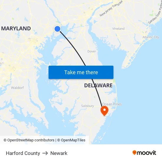 Harford County to Newark map