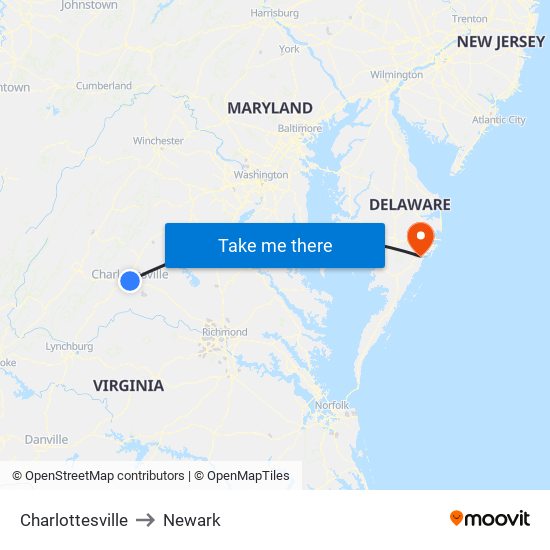 Charlottesville to Newark map