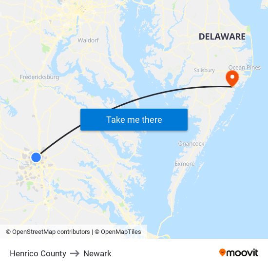 Henrico County to Newark map