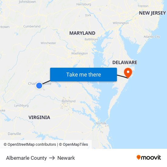 Albemarle County to Newark map