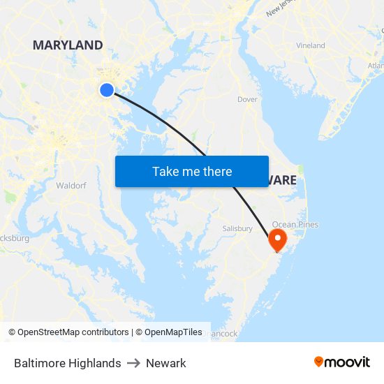 Baltimore Highlands to Newark map