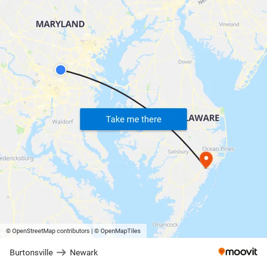 Burtonsville to Newark map