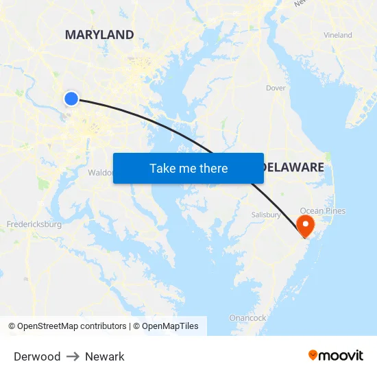 Derwood to Newark map