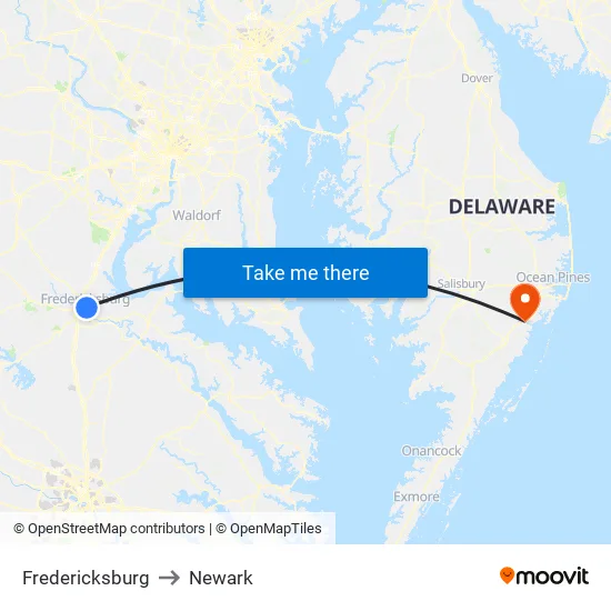 Fredericksburg to Newark map