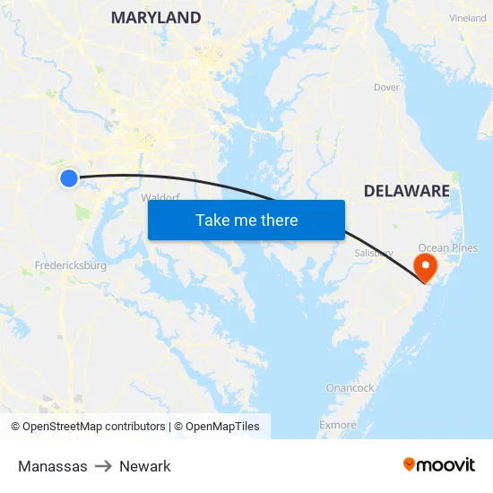 Manassas to Newark map