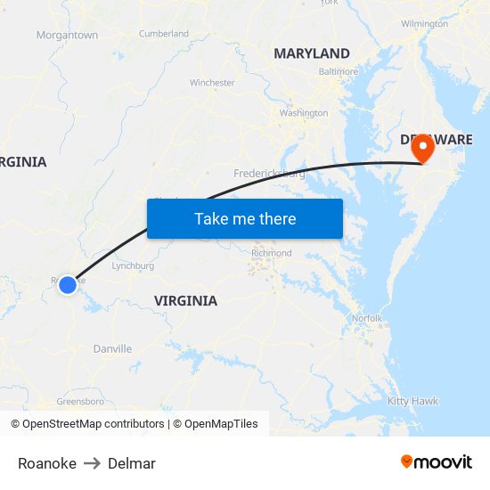 Roanoke to Delmar map