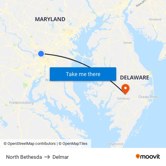 North Bethesda to Delmar map