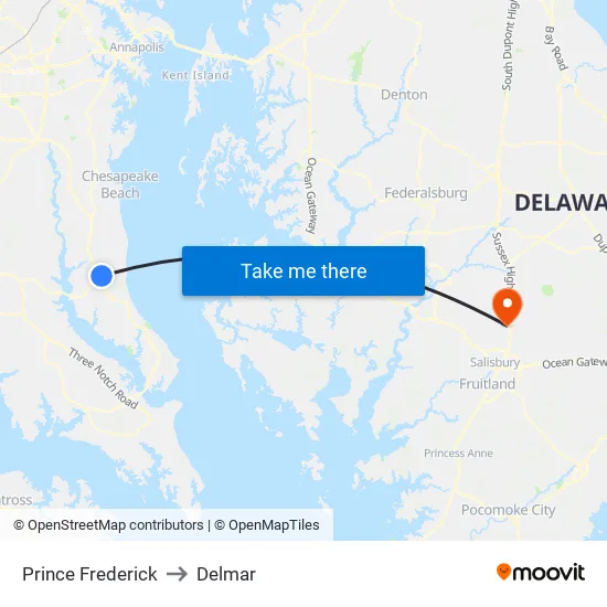 Prince Frederick to Delmar map