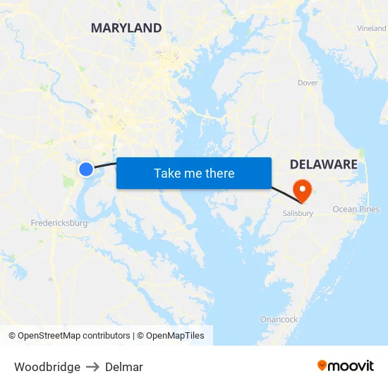 Woodbridge to Delmar map