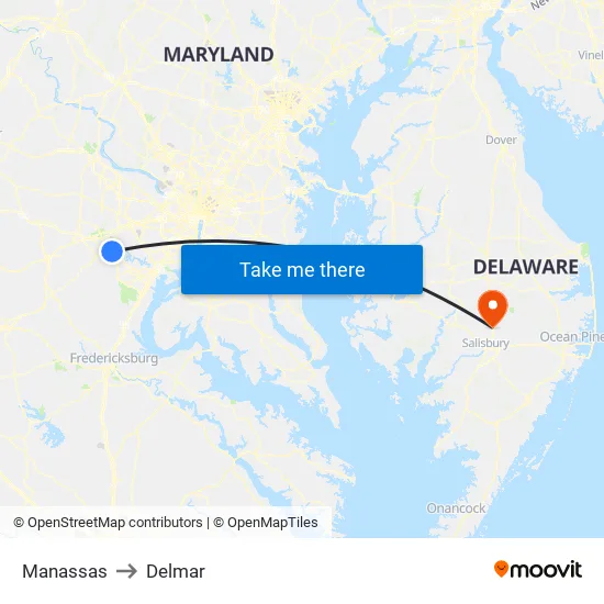 Manassas to Delmar map
