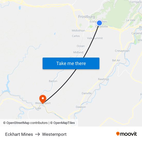 Eckhart Mines to Westernport map