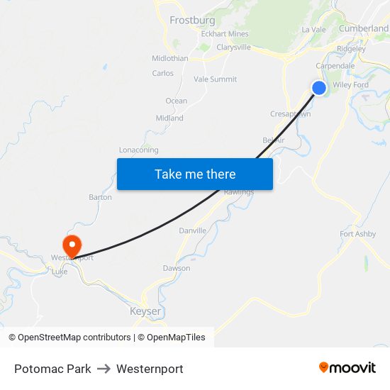 Potomac Park to Westernport map