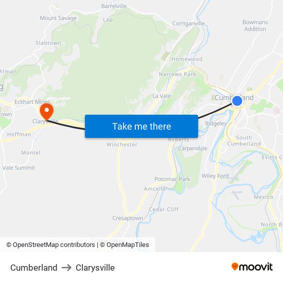 Cumberland to Clarysville map