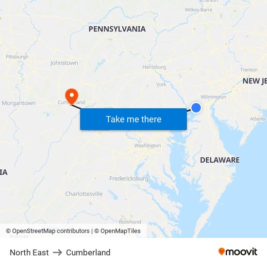 North East to Cumberland map