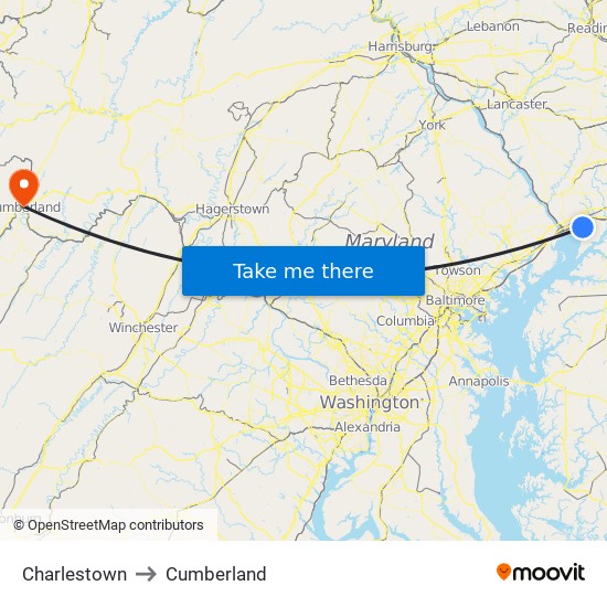 Charlestown to Cumberland map