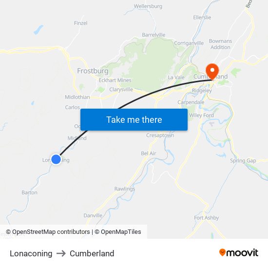 Lonaconing to Cumberland map
