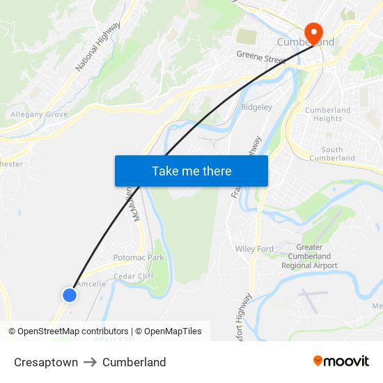 Cresaptown to Cumberland map