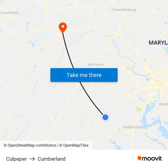 Culpeper to Cumberland map