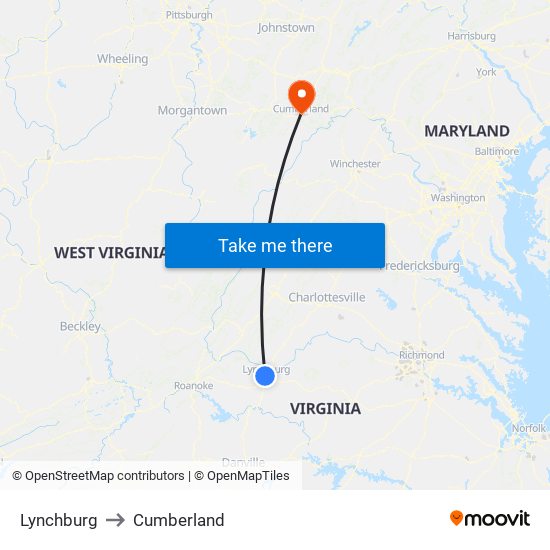 Lynchburg to Cumberland map