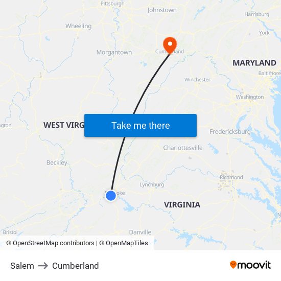 Salem to Cumberland map