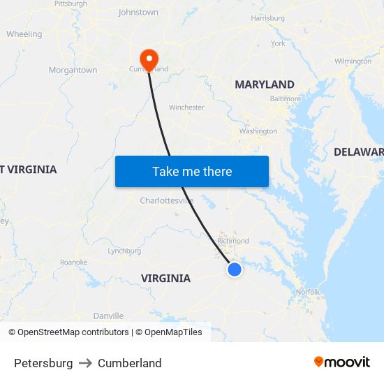 Petersburg to Cumberland map