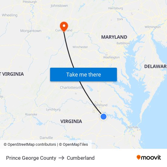 Prince George County to Cumberland map