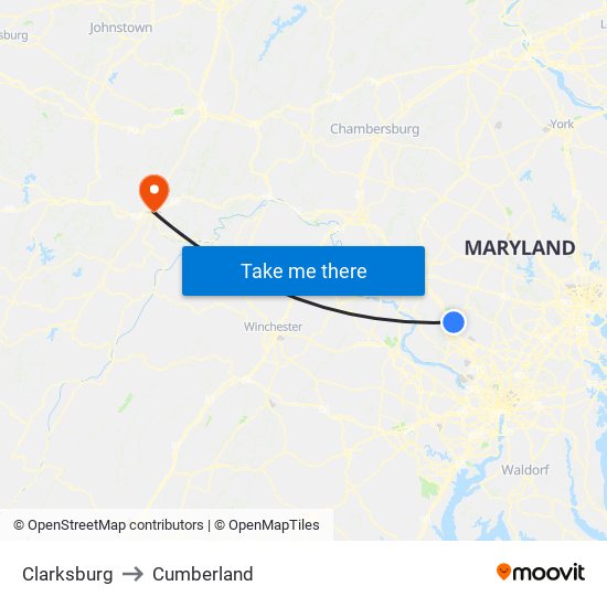 Clarksburg to Cumberland map