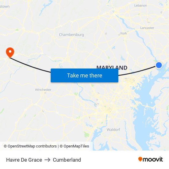 Havre De Grace to Cumberland map