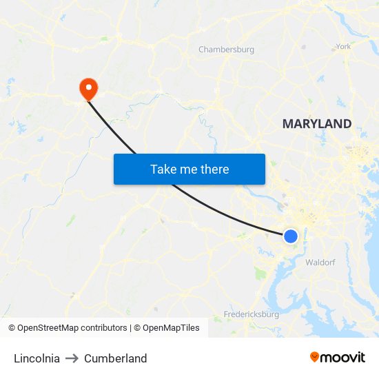 Lincolnia to Cumberland map