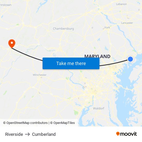 Riverside to Cumberland map