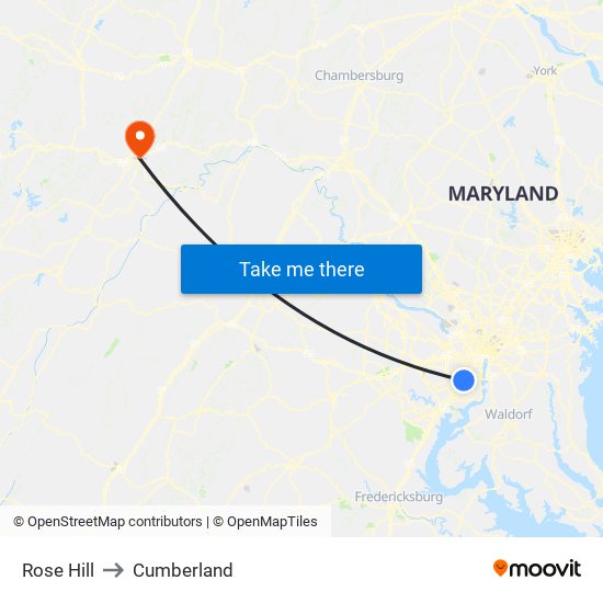 Rose Hill to Cumberland map