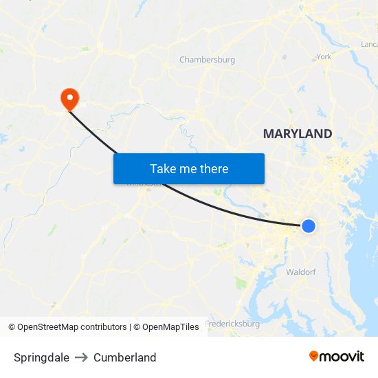 Springdale to Cumberland map