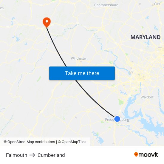 Falmouth to Cumberland map