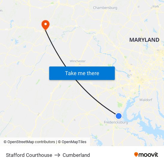 Stafford Courthouse to Cumberland map