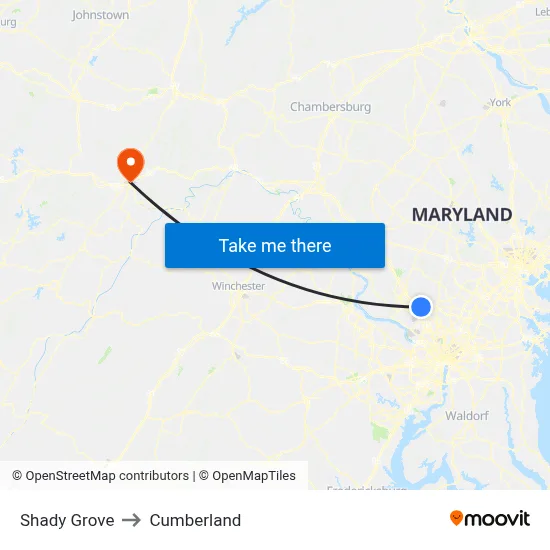 Shady Grove to Cumberland map