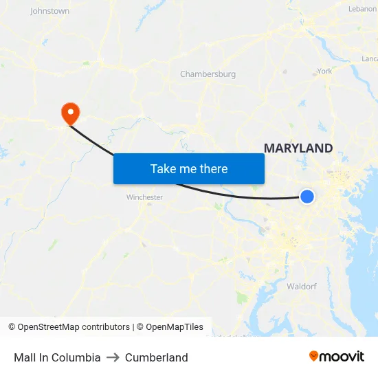 Mall In Columbia to Cumberland map