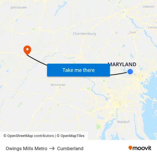 Owings Mills Metro to Cumberland map