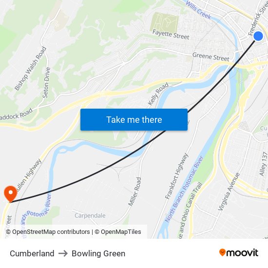 Cumberland to Bowling Green map